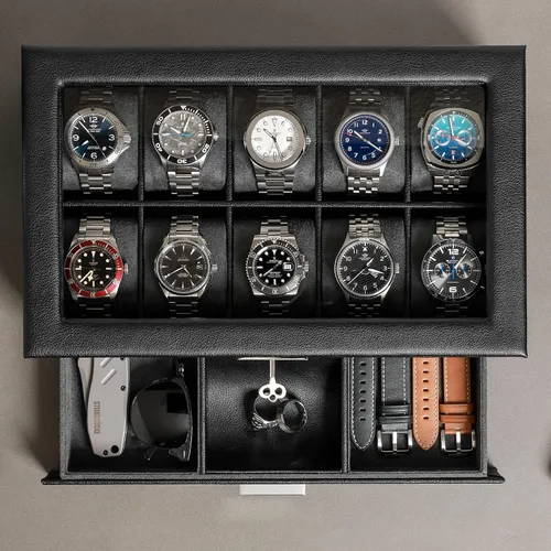 Vista 4 de Juego de regalo Caja de reloj de cuero con 10 ranuras con cajón de valet y funda de viaje a juego para 5 relojes, organizador de exhibición