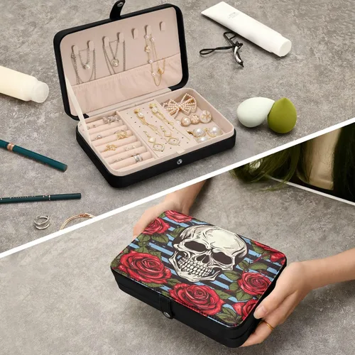 Vista 7 de Flradish Beautiful Rose and Skull Travel Jewelry Box,Portable PU Leather Small Jewelry Organizer for Earrings,Ring,Necklaces,Bracelets