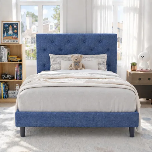 Vista 32 de HOMBCK Base de cama de tamaño individual con cabecera, base de cama tapizada con plataforma de lino para niños, base de cama de tamaño individual