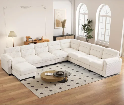 Vista 97 de HAOMARKETS Sofá esquinero modular en forma de L de 115 pulgadas con 2 otomanas móviles, sofás de pana de 8 plazas con cojín grueso para sala de Beige