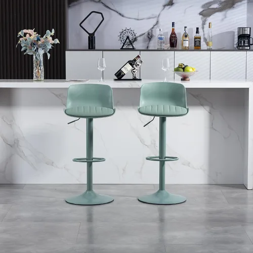 Vista 2 de Juego de 2 taburetes de bar modernos con giro de 360°, altura ajustable para isla de cocina y encimera, asientos tapizados de piel sintética verde