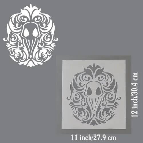 Vista 4 de Plantilla decorativa de damasco floral de calavera gótica de cuervo de 11 x 12 pulgadas.