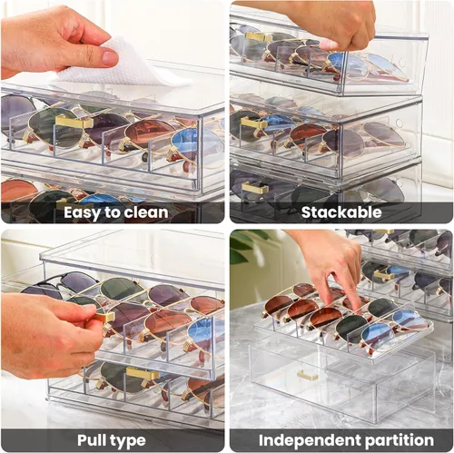 Vista 5 de LALOBLUE Clear Acrylic Sunglasses Organizer, Stackable Eyeglass Storage Case with Gold Handles, Glasses Display Holder