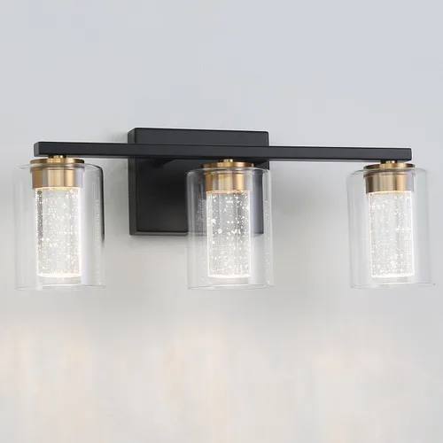 Vista 6 de EMONG Lámpara de baño de 3 luces negras y doradas, luces LED regulables de 5 CCT con vidrio transparente, 2700 K-6500 K, luz de tocador de baño