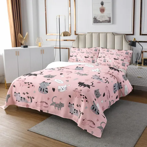 Vista 4 de Erosebridal Juego de colcha de gato rosa, tamaño individual para niñas, gris y negro, juego de ropa de cama para niños y niños, lindo juego