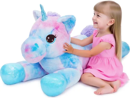 Vista 9 de Tezituor Juguetes de unicornio de peluche de 32 pulgadas, animales de unicornio gigante beige de peluche, encantadoras decoraciones de peluche