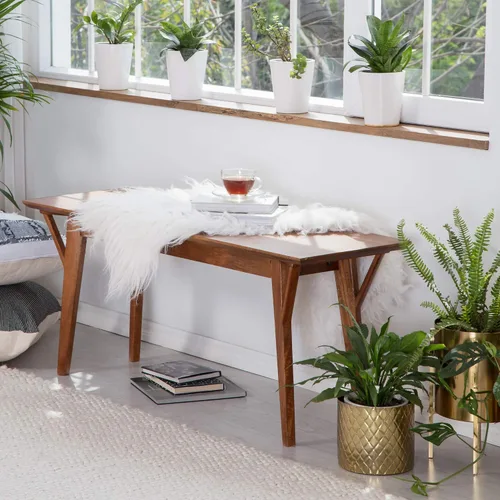 Vista 2 de Finch Stratford - Banco de entrada de mediados de siglo, asiento de madera maciza para comedor o pasillo, diseño rústico moderno de granja, marrón