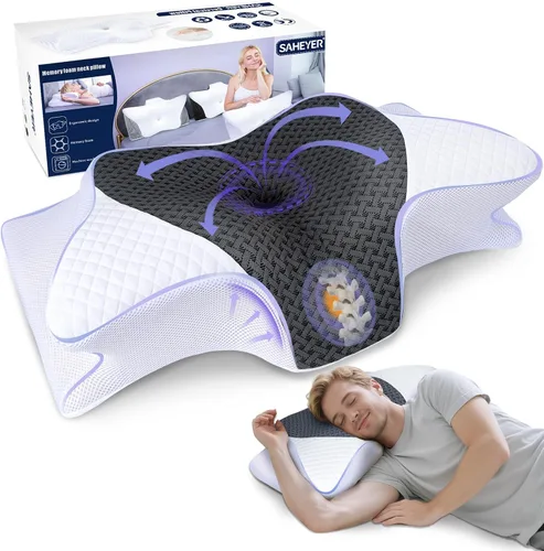 Vista 10 de SAHEYER Almohada cervical para el cuello, almohada de espuma viscoelástica para aliviar el dolor de cuello y ronquidos, almohada ergonómica