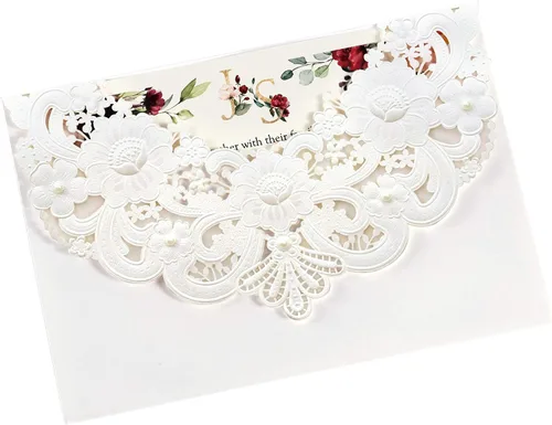 Vista 8 de DORIS HOME 50 tarjetas de invitación de encaje floral dorado blanco cortado con láser con sobres para invitaciones de boda, despedida de soltera