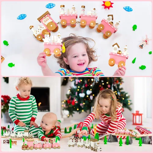 Vista 4 de Syhood 4 piezas de tren de madera rosa de Navidad mini decoración de tren pintado alrededor del árbol para niños, adorno de escritorio de madera