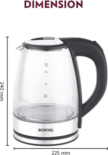 Vista 3 de Borosil Hervidor eléctrico de vidrio, vidrio de borosilicato, cable extralargo, protección contra ebullición, base giratoria de 360°, 1.8 L