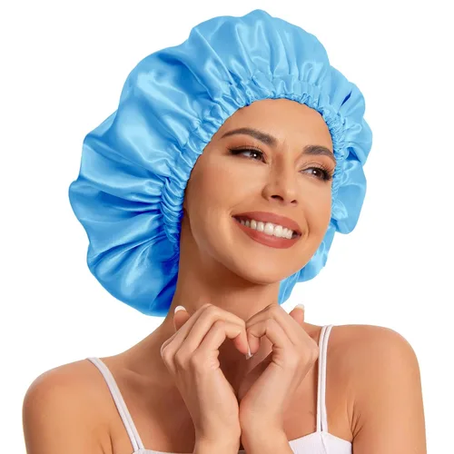 Vista 9 de Gorro de satén de seda para dormir, gorro de satén para dormir, gorro de satén para dormir para cabello natural y rizado (negro y verde negruzco)