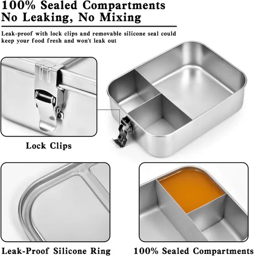 Vista 4 de UPTRUST Fiambrera Bento de acero inoxidable, 3 compartimentos, caja Bento de metal grande de 47.3 fl oz para niños o adultos, contenedor con clips