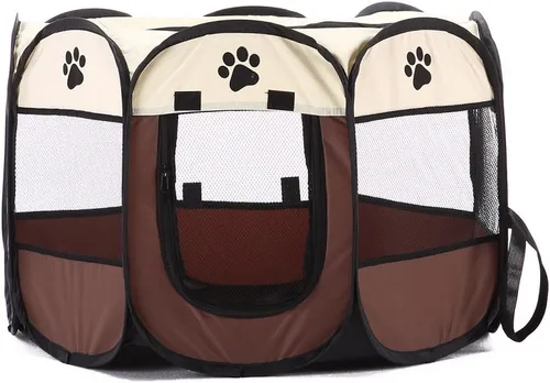 Vista 4 de S-Lifeeling Corralito plegable para mascotas, perrera extraíble, perro, gato, conejo, malla, cubierta de malla, portátil, impermeable, plegable, Café