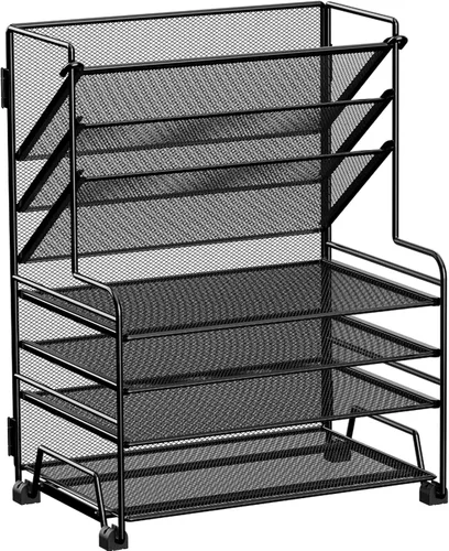 Vista 12 de MINDEPOT Organizador de papel de 4 niveles + soporte para archivos de 3 bolsillos + cajón + soportes para bolígrafos, organizador de archivos