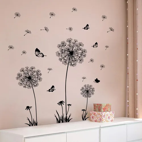 Vista 6 de 2 hojas de calcomanías de pared de flores silvestres de diente de león, calcomanías de arte para pared, despegar y pegar, mariposas florales