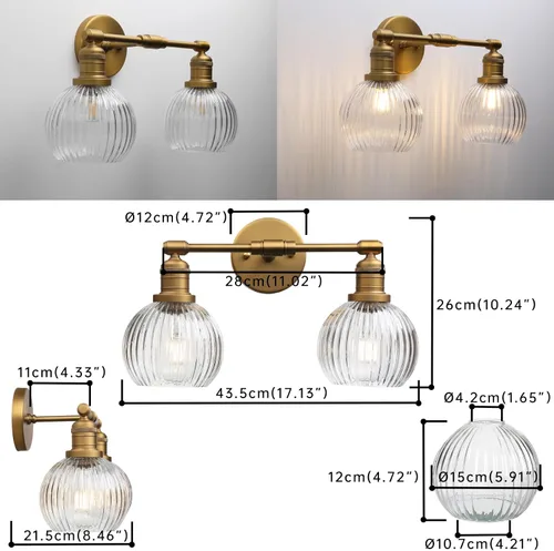 Vista 2 de Aplique industrial de pared de vidrio de doble brazo con pantalla de globo a rayas transparentes, lámpara de tocador de pared de 2 luces