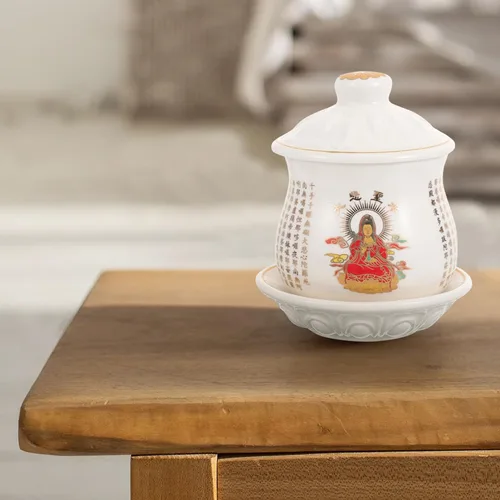 Vista 6 de OSALADI Taza de cerámica con platillo Budista Taza de agua bendita taza de culto de cáliz chino Utensilio bendición taza de té con tapa