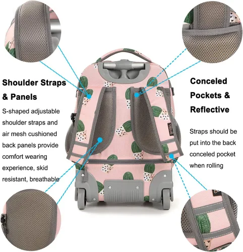 Vista 7 de Tilami Mochila con ruedas, mochila para laptop de 19 pulgadas con ruedas y lonchera, Cactus, 18 pulgadas