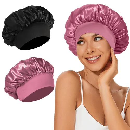 Vista 21 de 4 piezas de gorro de satén de seda, gorro de cabello para dormir, gorro de seda elástica de banda ancha para dormir, suave y transpirable Gorra