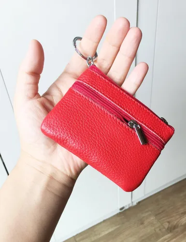 Vista 6 de Monedero pequeño de piel auténtica, bolsa de cambio, monedero de color sólido con cremallera, llavero, anillo, tarjetero de crédito para mujeres