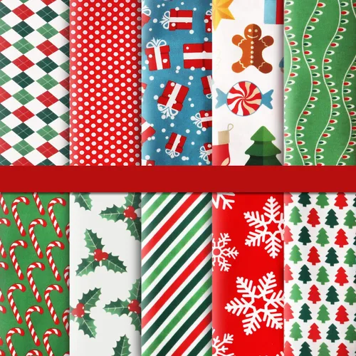 Vista 5 de Tatuo 10 Piezas de Tela de Algodón Cuadrada para Navidad, Precortada, Patchwork, Copo de Nieve, Impresión Roja y Verde, para Costura Navideña