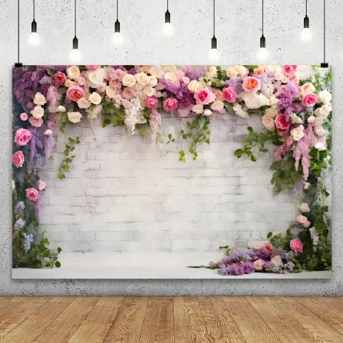 Vista 2 de YongFoto Fondo de pared de ladrillo blanco retro con arco floral de 5 x 3 pies, flores de rosa, hojas de enredadera, fondo de fotografía