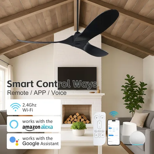 Vista 3 de Ventilador de techo negro para exteriores de 60 pulgadas para patios sin luces, clasificado para ambientes húmedos, ventilador de techo inteligente