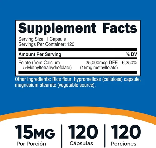Vista 2 de Nutricost L-Metilfolato 15 mg, 120 Cápsulas (5-MTHF) - Vegano, Sin OMG, Sin Gluten