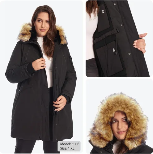 Vista 5 de ALPINE NORTH Laurentian - Chaqueta larga de plumón vegano para mujer con capucha de piel sintética