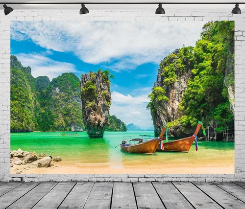 Vista 4 de Telón de fondo de tela de 5 x 3 pies de la isla de Phuket, Tailandia, barco, verano, playa, fotografía, fondo para adultos, retratos, boda, viajes