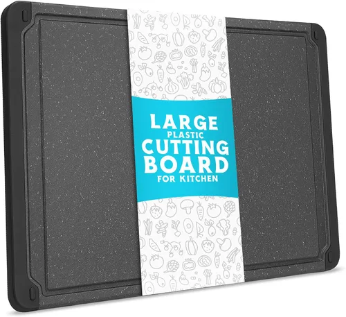 Vista 11 de Tabla de cortar de plástico para cocina, tabla de cortar extragrande de 18 pulgadas, ranura para jugos, pies antideslizantes, apta