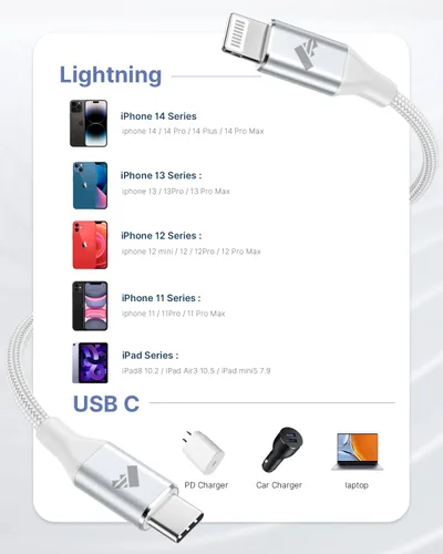Vista 3 de Cable USB C a Lightning de 3 pies, paquete de 2 cables USB C para iPhone, certificado MFi, trenzado, tipo C, cable de carga rápida, compatible