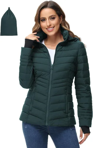 Vista 10 de ROYAL MATRIX Chaqueta acolchada plegable para mujer, chaqueta acolchada ligera para invierno, cálida chaqueta acolchada con capucha desmontable Negro