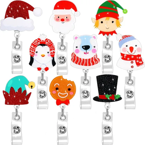 Vista 9 de Yexiya 9 piezas de portacarretes de insignias navideñas de acrílico retráctil con brillos y purpurina, carretes de insignias para días festivos