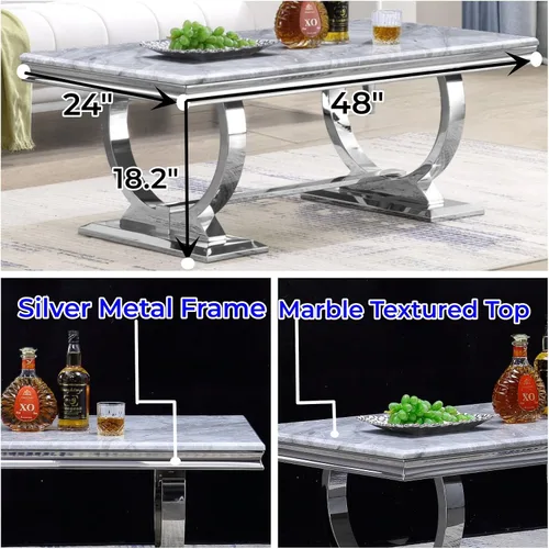 Vista 7 de Mesa de centro moderna, mesas de centro con pedestal de base en U plateadas para sala de estar, mesa de centro rectangular de 48 pulgadas en gris