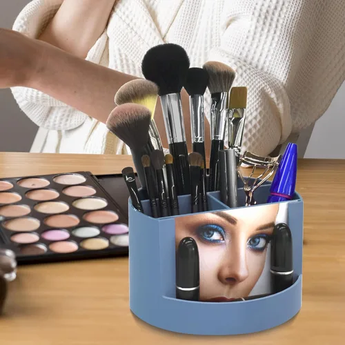 Vista 8 de Acrimet Organizador de escritorio compacto, 4 ranuras espaciosas, soporte redondo para lápices y accesorios con ranura para fotos, ideal