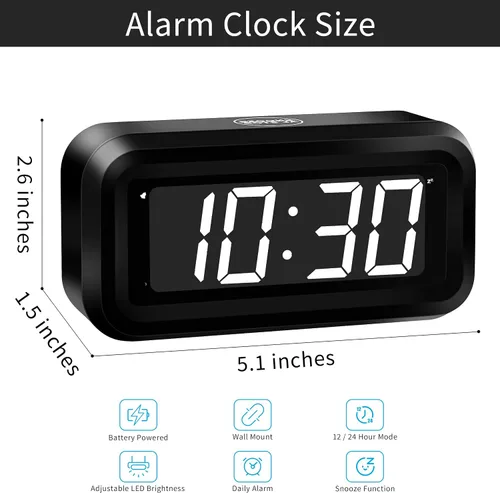 Vista 2 de KWANWA Reloj despertador para niños, LED blanco, batería, modo nocturno automático, 12 horas/24 horas, pequeño, viajes, mesita de noche, montaje