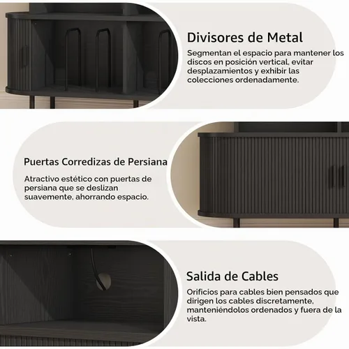 Vista 3 de Soporte redondo grande para tocadiscos de 55 pulgadas con estación de carga, gabinete de almacenamiento de discos de vinilo, soporte moderno de Negro