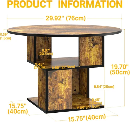 Vista 2 de Elephance Mesa de centro redonda con almacenamiento, mesa de centro de 3 niveles para sala de estar, mesa de madera marrón caramelo con marco negro
