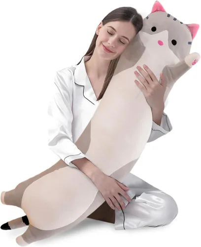 Vista 26 de shangman Bonita muñeca de gato de peluche, bonita almohada de peluche suave de caricaturas, almohada larga para dormir, regalo del día de San Negro
