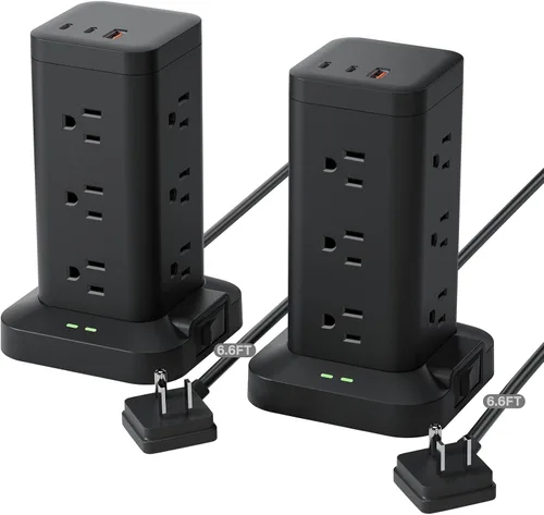 Vista 13 de Torre de regleta de alimentación con protector de sobretensiones de 1800J, torre de carga rápida PD20W puertos USB-C con 12 salidas de CA, cable