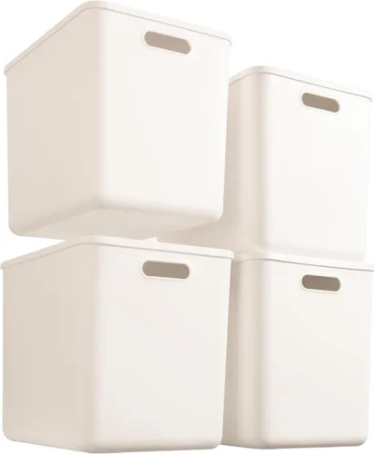 Vista 9 de Paquete de 4 contenedores grandes de plástico blanco con tapas, caja de juguetes con asa, contenedores organizadores para bebé, guardería, estantes
