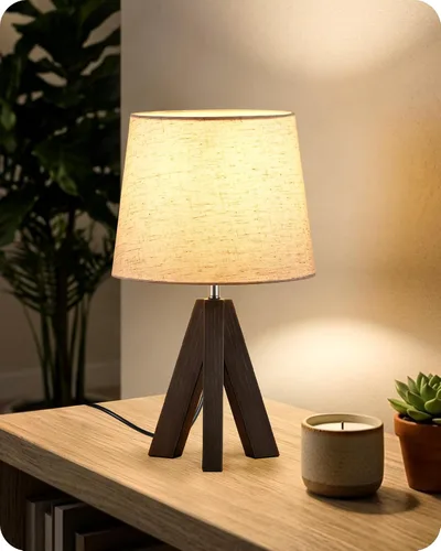 Vista 16 de Juego de 2 lámparas de mesa trípode pequeñas, lámpara moderna de mesita de noche con pantalla de tela, luz de escritorio de madera estilo bohemio