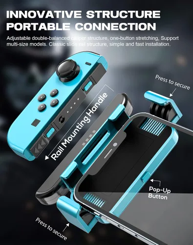 Vista 3 de Joso Soporte de agarre Switch Joy-Con con soporte para teléfono celular, compatible con todos los iPhone iOS 16.0+, fácil de instalar y estable