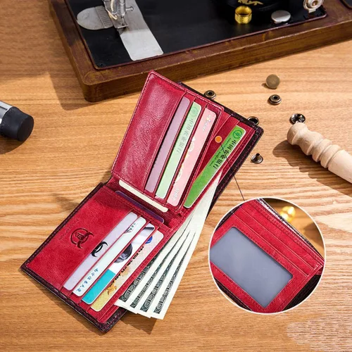 Vista 5 de WOWOLAY Cartera RFID para hombre plegable de cuero genuino con 2 ventanas de identificación, cartera roja, Rojo -, Slim