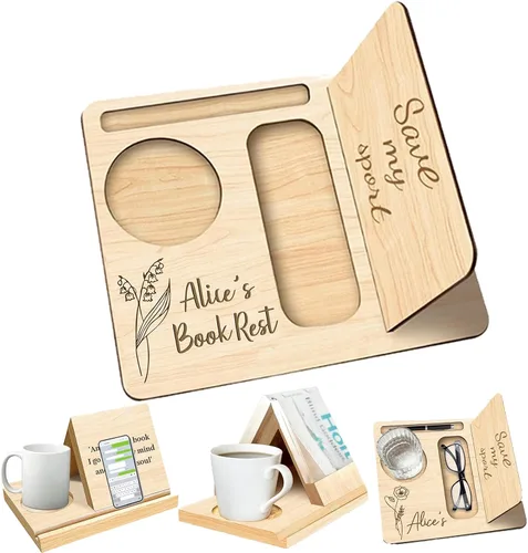 Vista 10 de Soporte de libro triangular de madera de roble macizo con diseño de flor de nacimiento, estantería personalizada con nombre de texto grabado