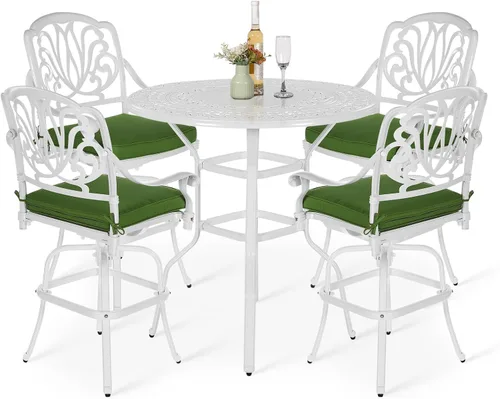 Vista 18 de VIVIJASON Juego de 3 taburetes de bar giratorios para exteriores, de aluminio fundido para todo tipo de clima, con 2 sillas de bar acolchadas y mesa