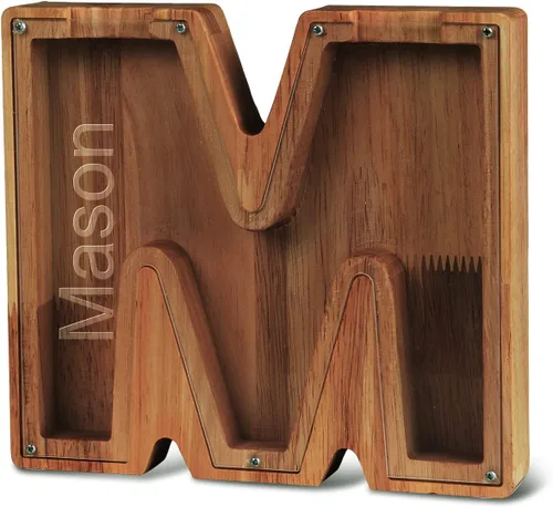 Vista 32 de Alcancía con nombre personalizado, 26 letras láser con texto personalizado, banco de monedas de madera, significado educativo, alcancía con nombre