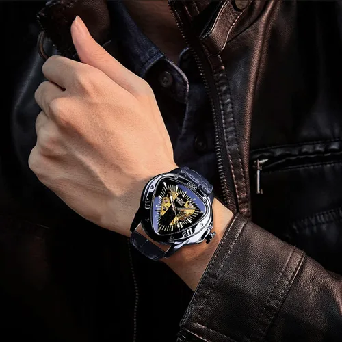 Vista 4 de Winner Fashion - Reloj de pulsera mecánico triangular de carreras, esfera de esqueleto dorado impermeable, movimiento automático, reloj mecánico